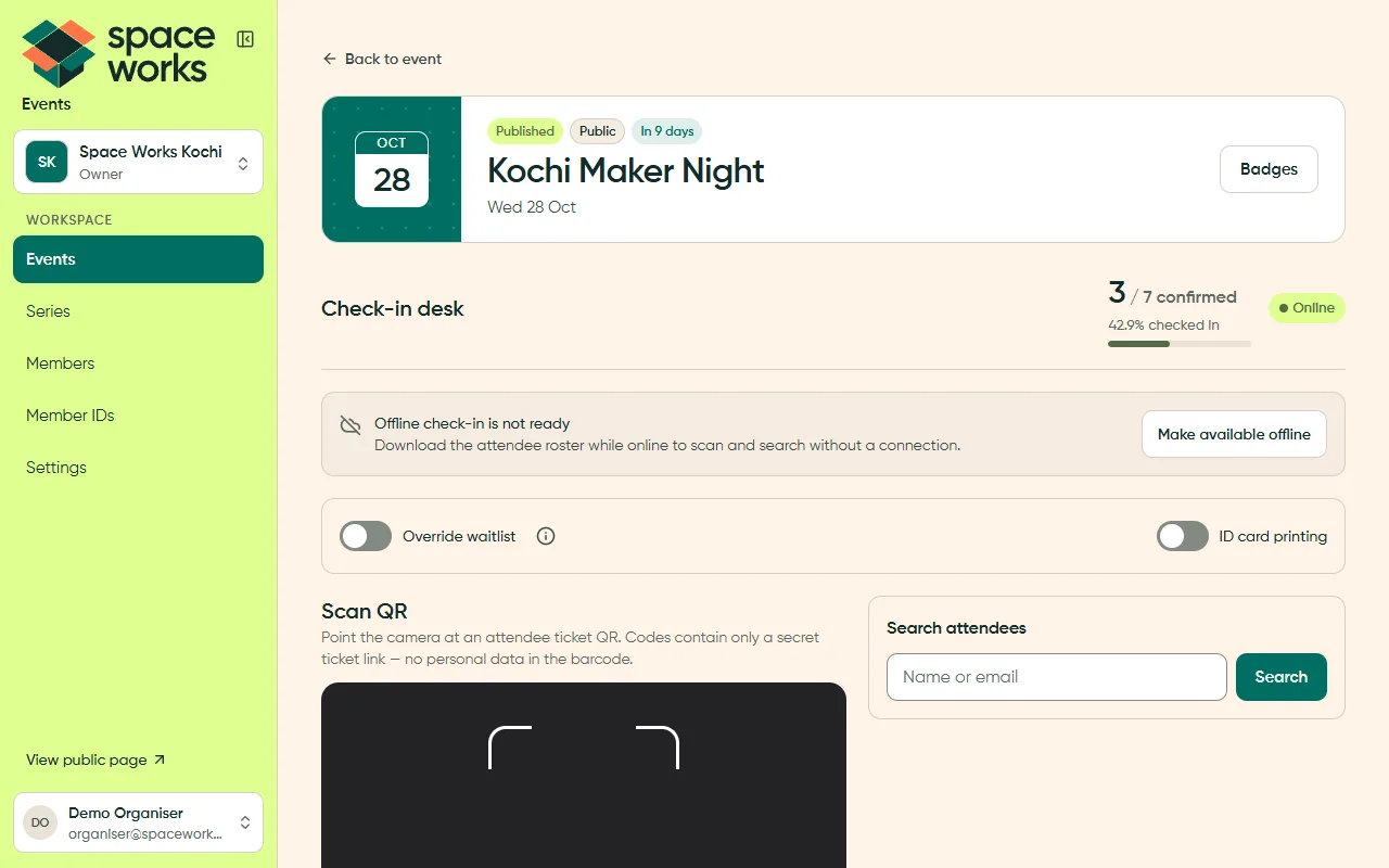 Check-in desk with scanner and progress, light theme