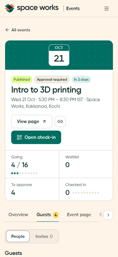 Guest list with status chips and inline actions, phone
