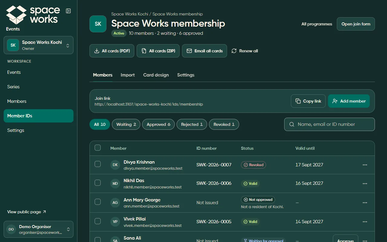 Member list with filter chips, search and status pills, dark theme