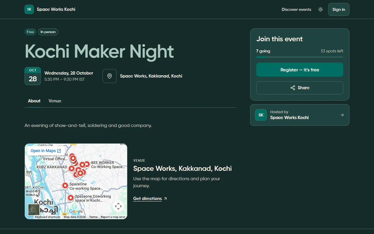 Public event page with the Join this event card, dark theme