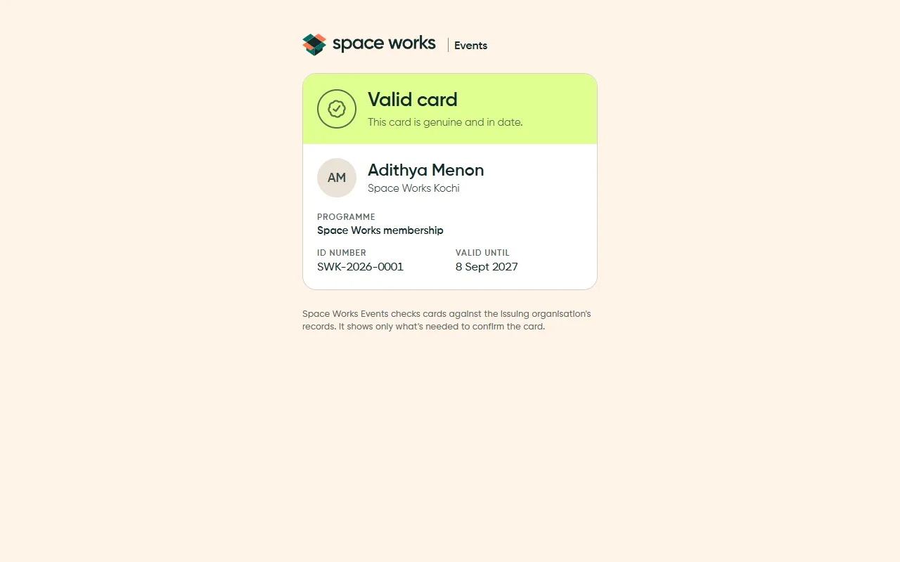 Member card check showing a valid card, light theme