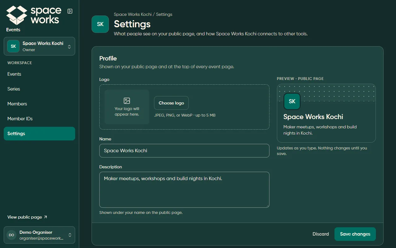 Organisation settings with live public-page preview, dark theme